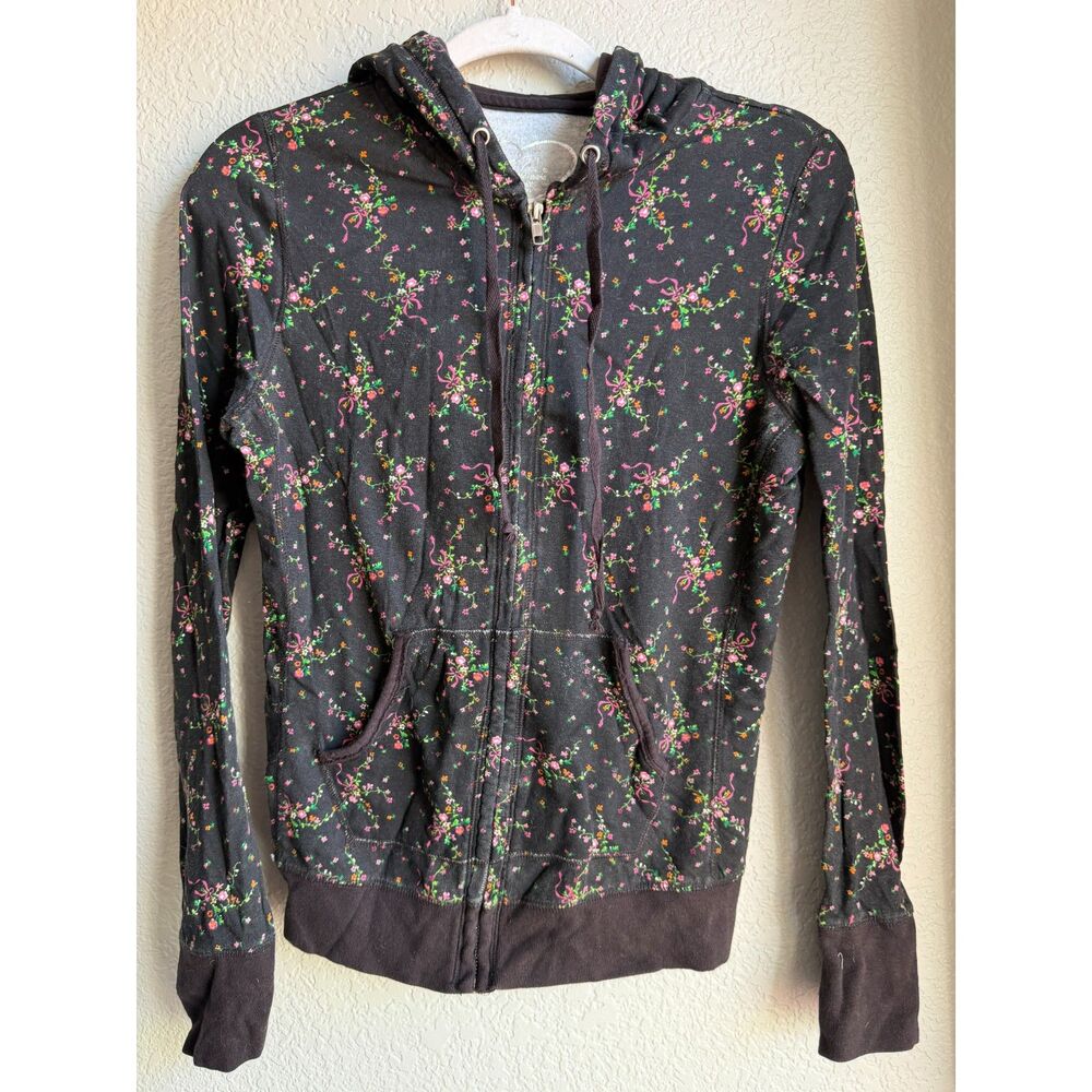 Y2K Rue21 Brown Floral Zip Up Hoodie Medium 2000s Cottagecore Fitted Jacket